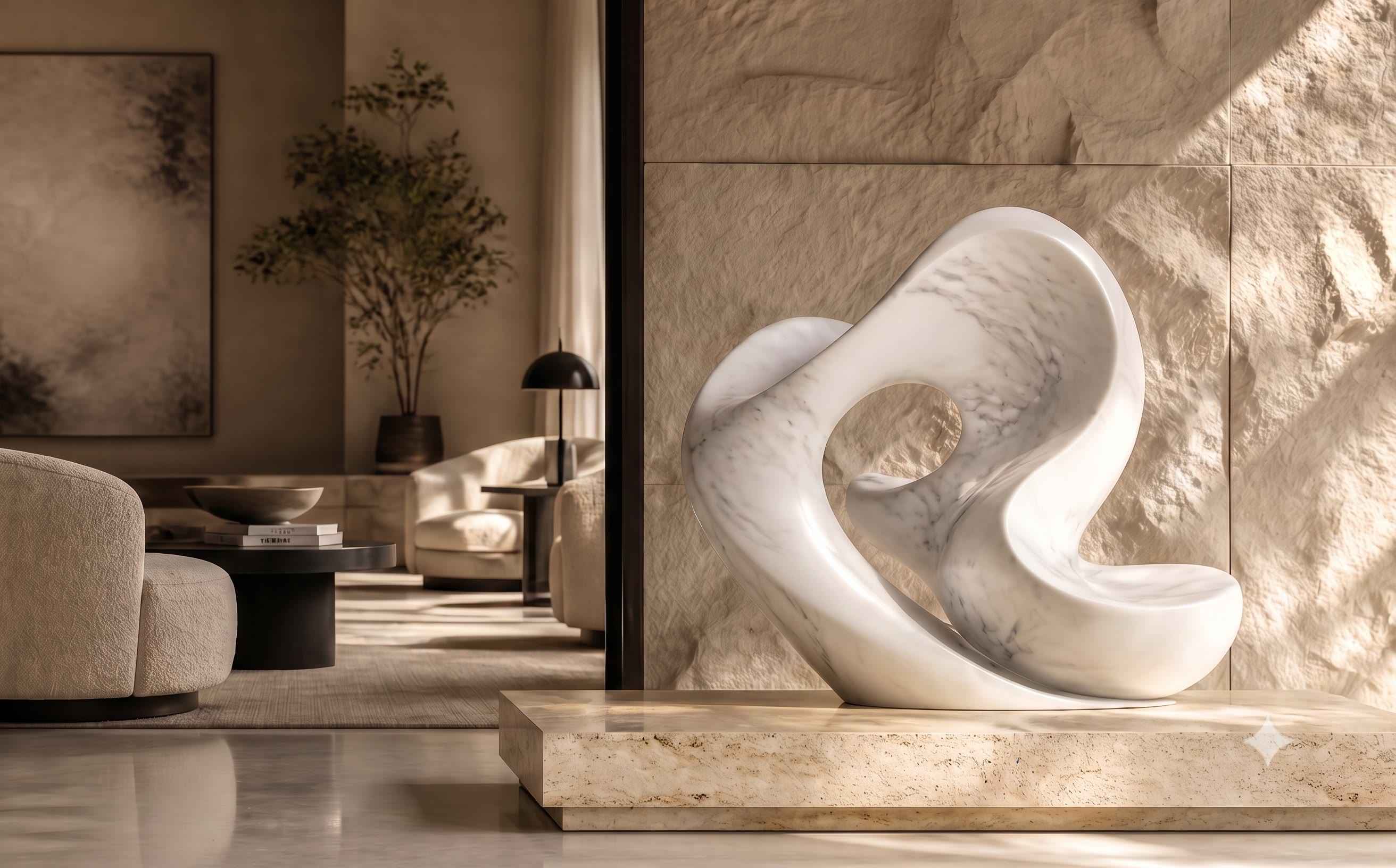 A marble sculpture on a travertine plinth in a warm minimalist interior