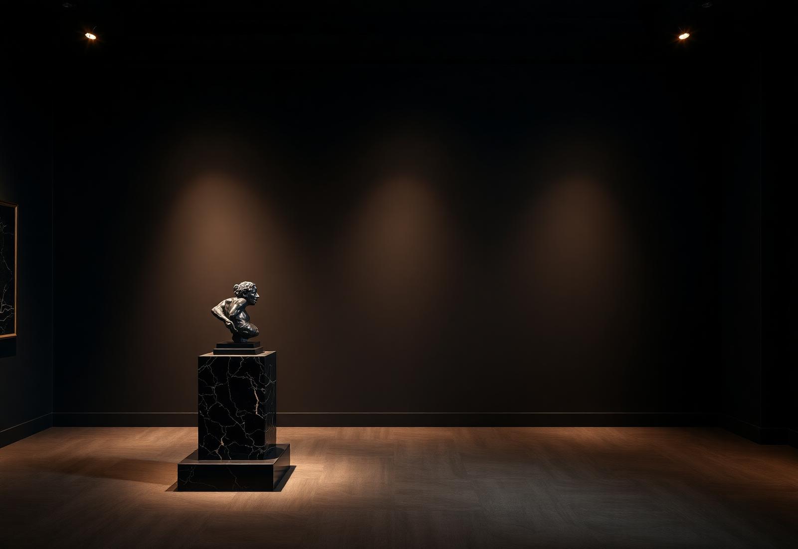A dark gallery room lit by a single spotlight