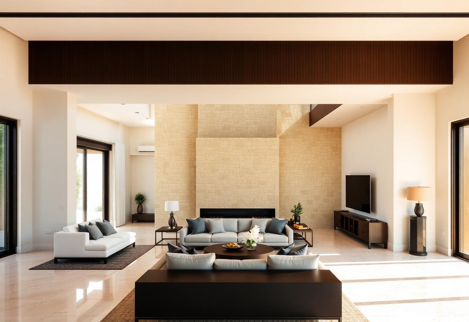 A stone art wall in a luxury villa interior