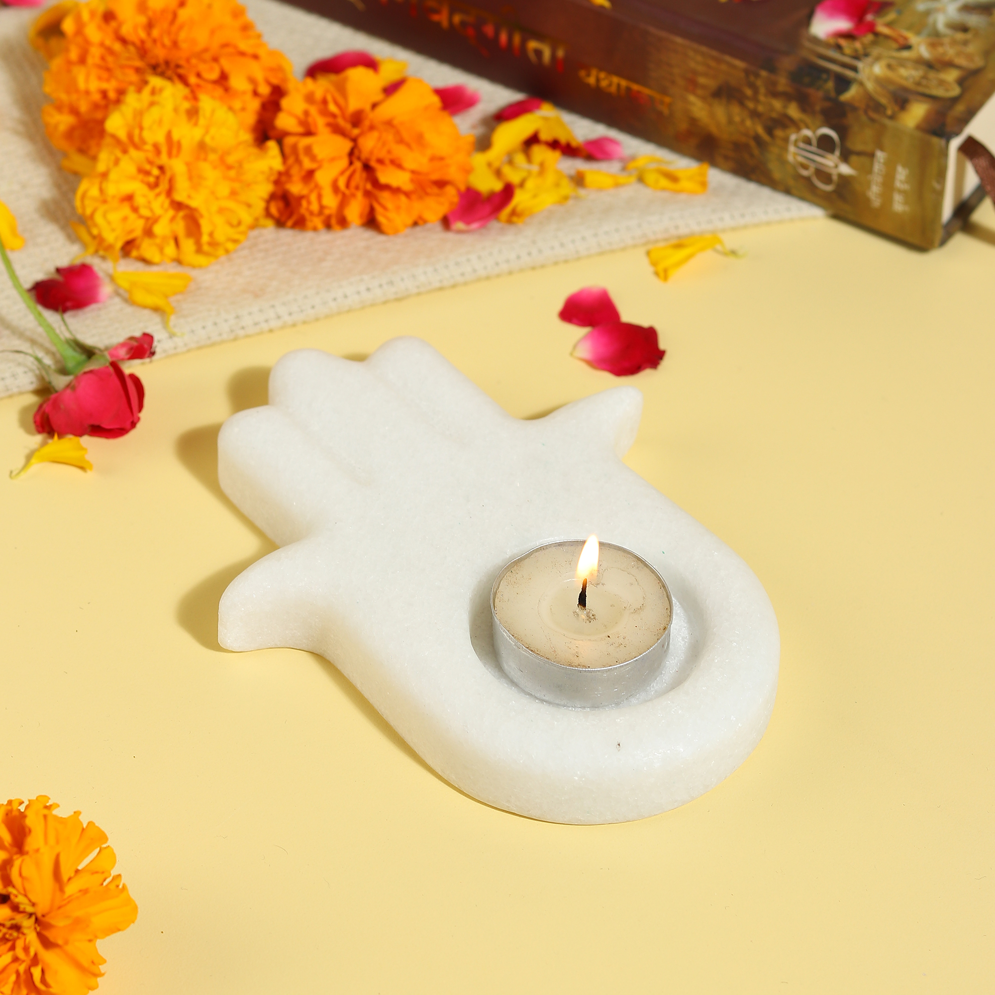Hamsa Tea Light Candle Holder -White Marble Hamsa
