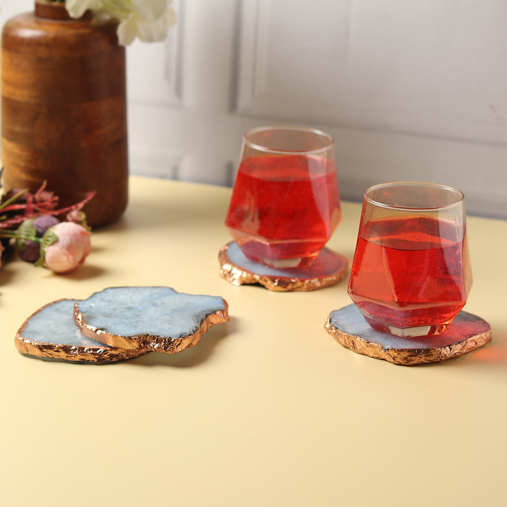 Pastel Blue Agate Coaster with Rose Gold Edge- Set of 4