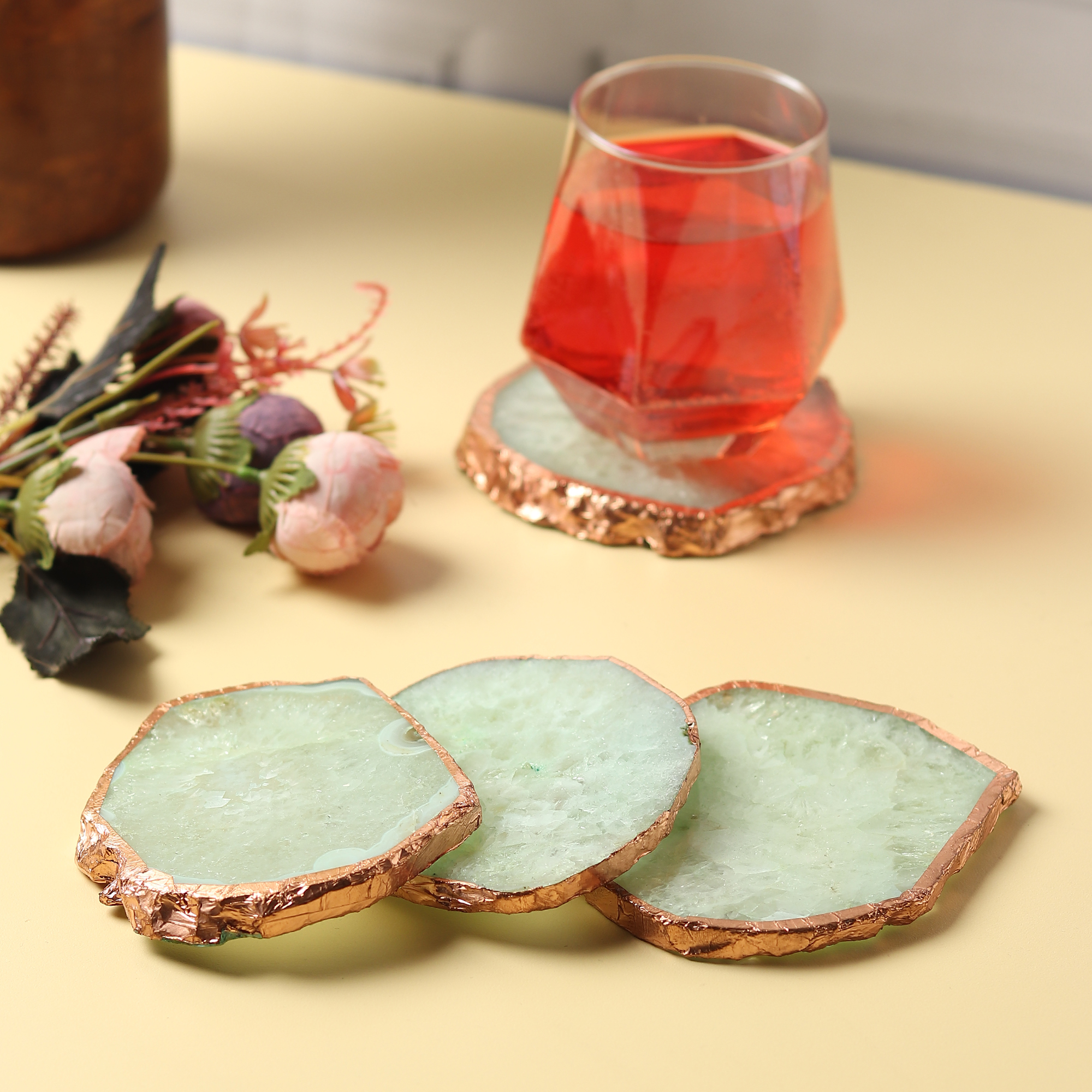 Pastel Green Agate Coaster with Rose Gold Edge- Set of 4